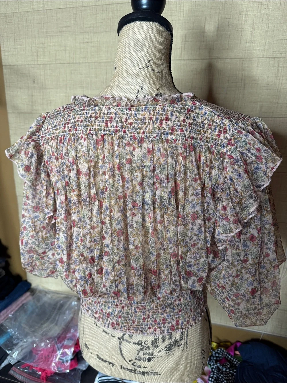 Free People Smocked Floral Lace-Up Crop Top XL NWOT Boho Prairie Cottagecore